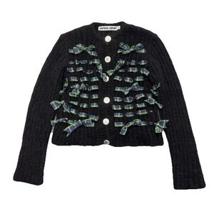Chopova Lowena Bow Mohair Blend Button Front Cardigan Sweater Black Size XL
